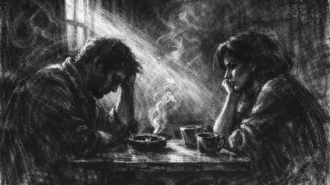 Intimna scena dvoje ljudi u tihom razgovoru, naglašene sjene i emocije, prikazano u charcoal film noir stilu s dubokim kontrastima.
