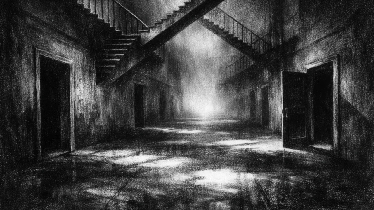 Nadrealni urbani prostor s beskrajnim stepenicama i maglom, simboličan ambijent u charcoal film noir stilu, crno-bijeli i izrazito mračan.