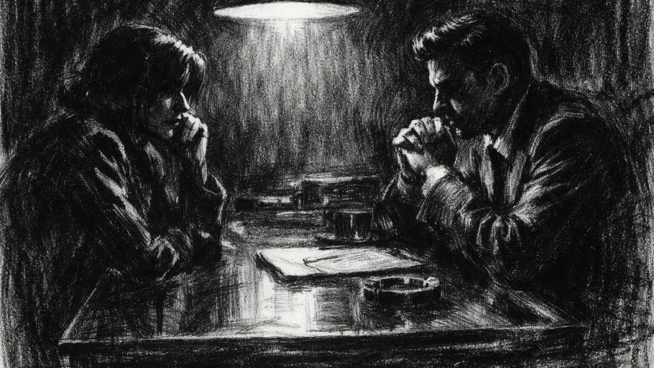 Dvoje ljudi u tihoj napetoj raspravi za stolom, izražene sjene i emocionalna težina, charcoal film noir stil