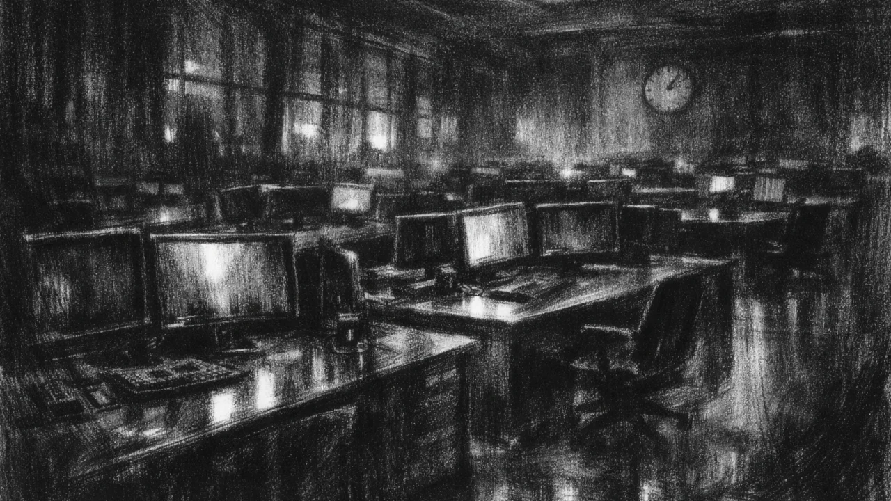 Prazan korporativni prostor nakon radnog vremena, mračne sjene i osjećaj praznine, charcoal film noir stil
