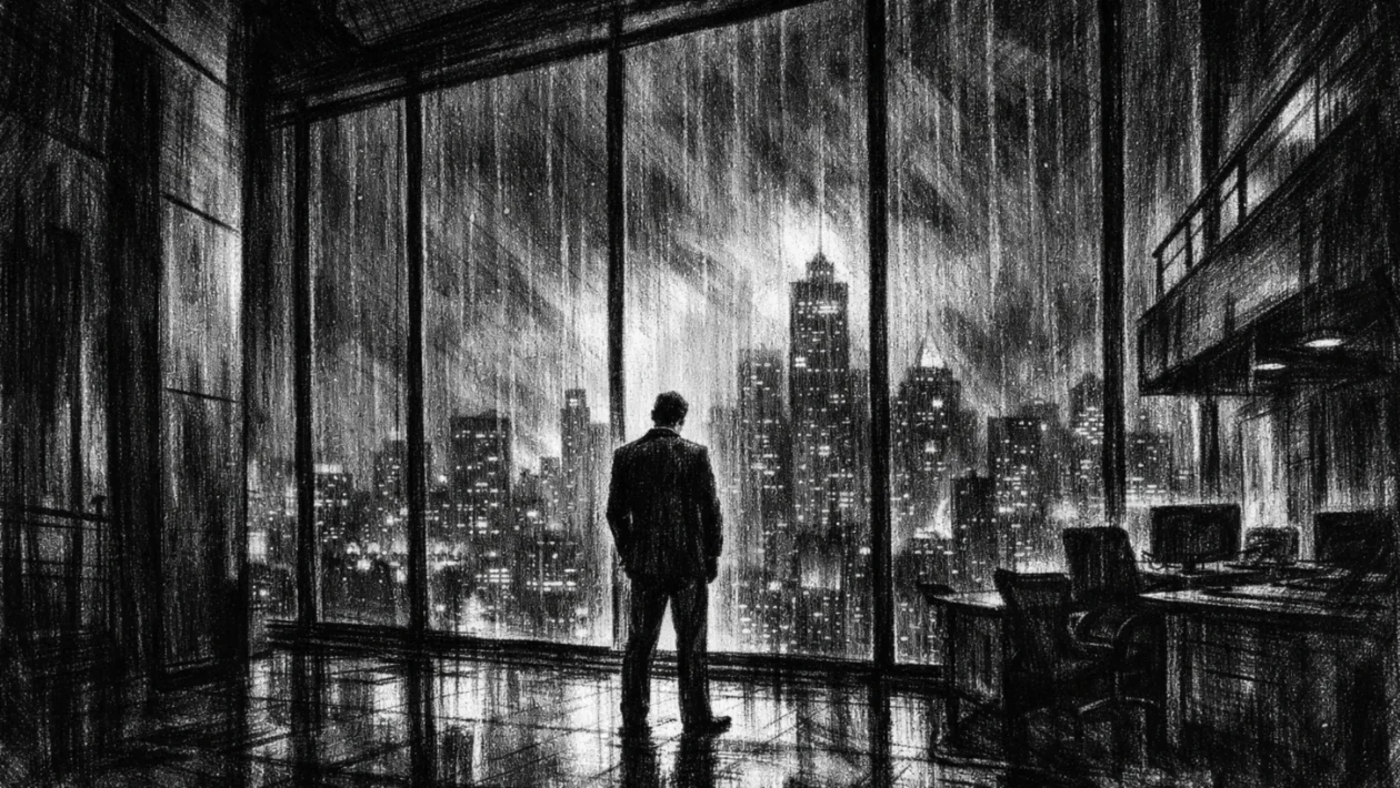 Plakat s usamljnom figurom u modernom uredu noću, grad u pozadini, snažne sjene i napet ugođaj, charcoal film noir stil