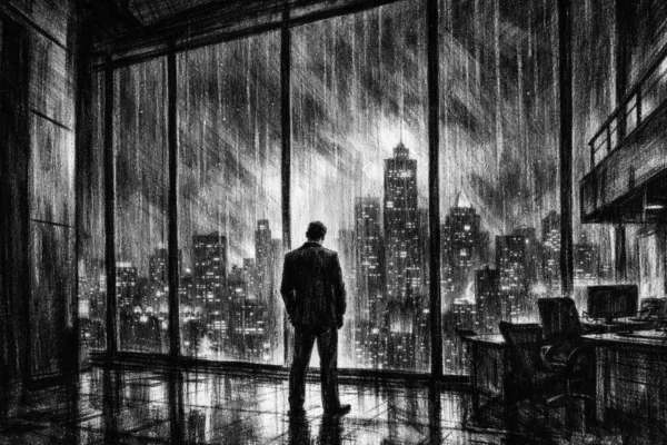 Plakat s usamljnom figurom u modernom uredu noću, grad u pozadini, snažne sjene i napet ugođaj, charcoal film noir stil