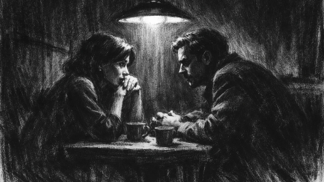 Intimna scena razgovora u charcoal film noir stilu, crno-bijela kompozicija s jakim kontrastom, dvije osobe u polumraku, osjećaj napetosti i skrivene emocije.