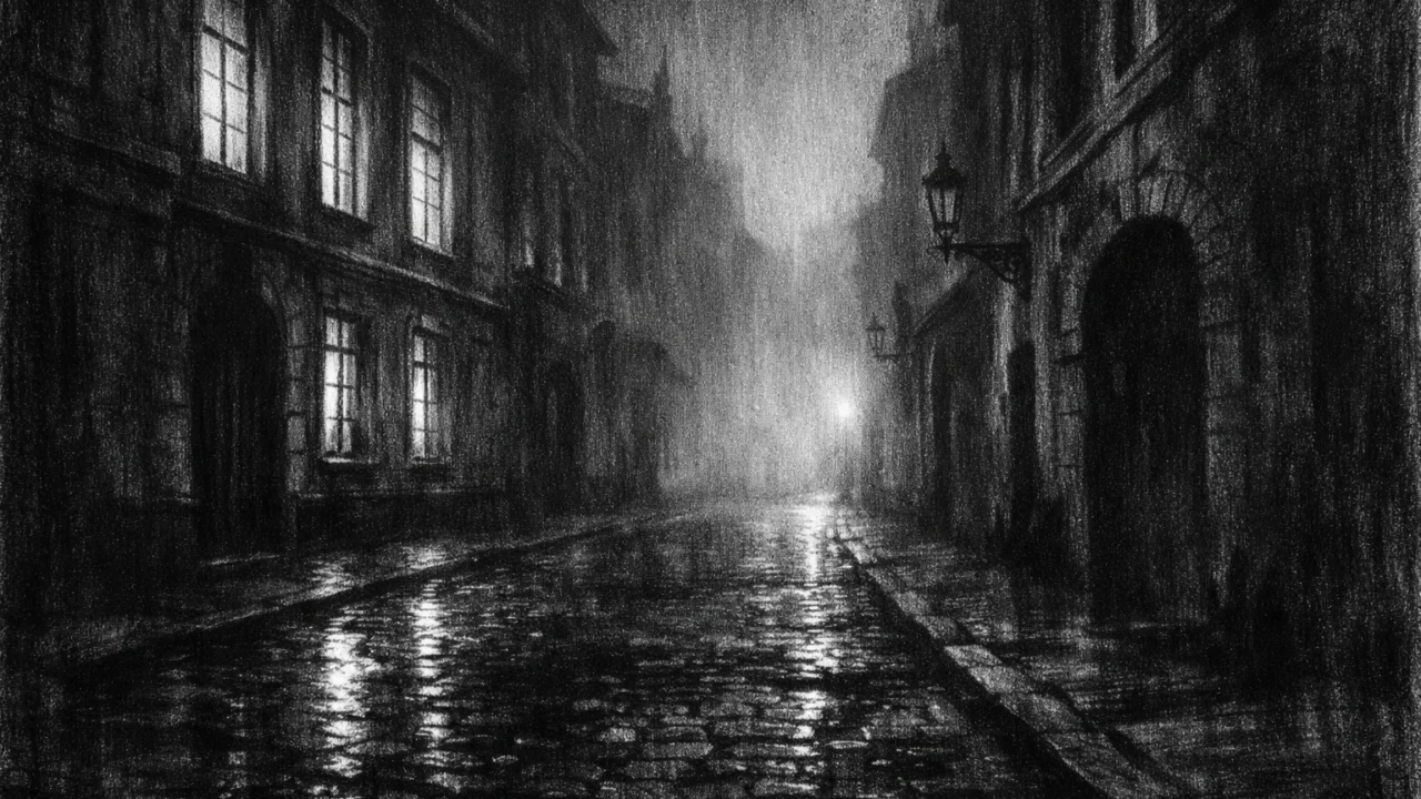 Prazna europska ulica noću u charcoal film noir stilu, crno-bijela atmosfera s maglom, sjenama i refleksijama, osjećaj iščekivanja i povijesne težine.