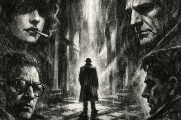 Filmski poster u charcoal film noir stilu, crno-bijeli prikaz s dubokim sjenama i dramatičnim svjetlom, usamljena figura u mračnoj europskoj unutrašnjosti, napeta i tjeskobna atmosfera.