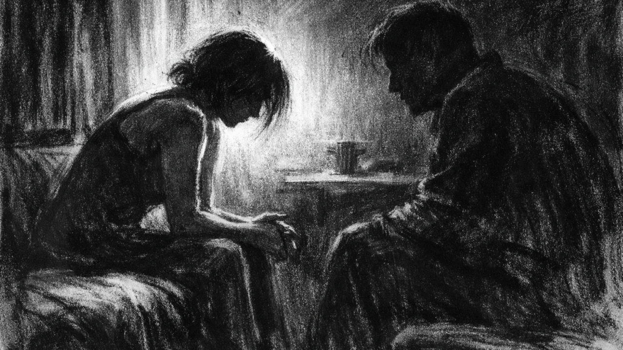 Intimna scena u charcoal film noir stilu, crno-bijela kompozicija s visokim kontrastom i tihom emocionalnom napetošću između dviju figura.