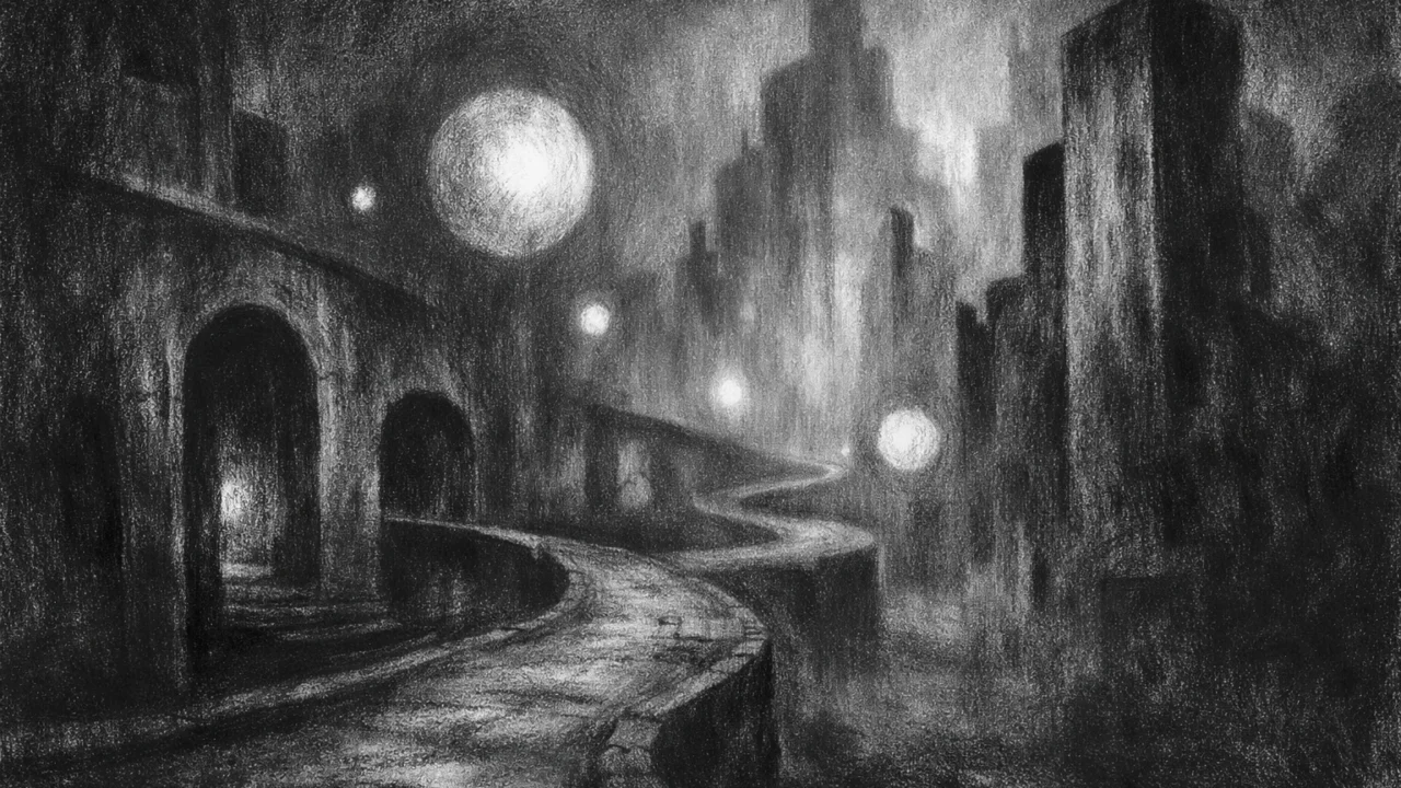 Atmosferski ambijent u charcoal film noir stilu, crno-bijeli simbolični prostor s dubokim sjenama koji dočarava sjećanja i emocije.