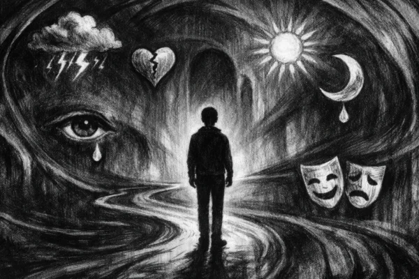Cinematični poster u charcoal film noir stilu, crno-bijeli prizor s dubokim sjenama i dramatičnim svjetlom koji prikazuje unutarnji emocionalni svijet i osjećaj ravnoteže.