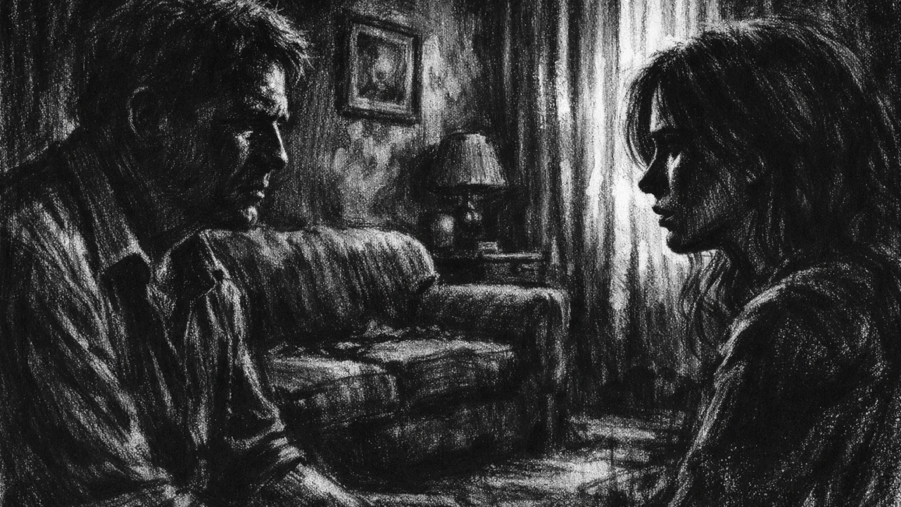 Dvije osobe u napetom razgovoru u slabo osvijetljenoj prostoriji, naglašene emocije i sjene, charcoal film noir stil.