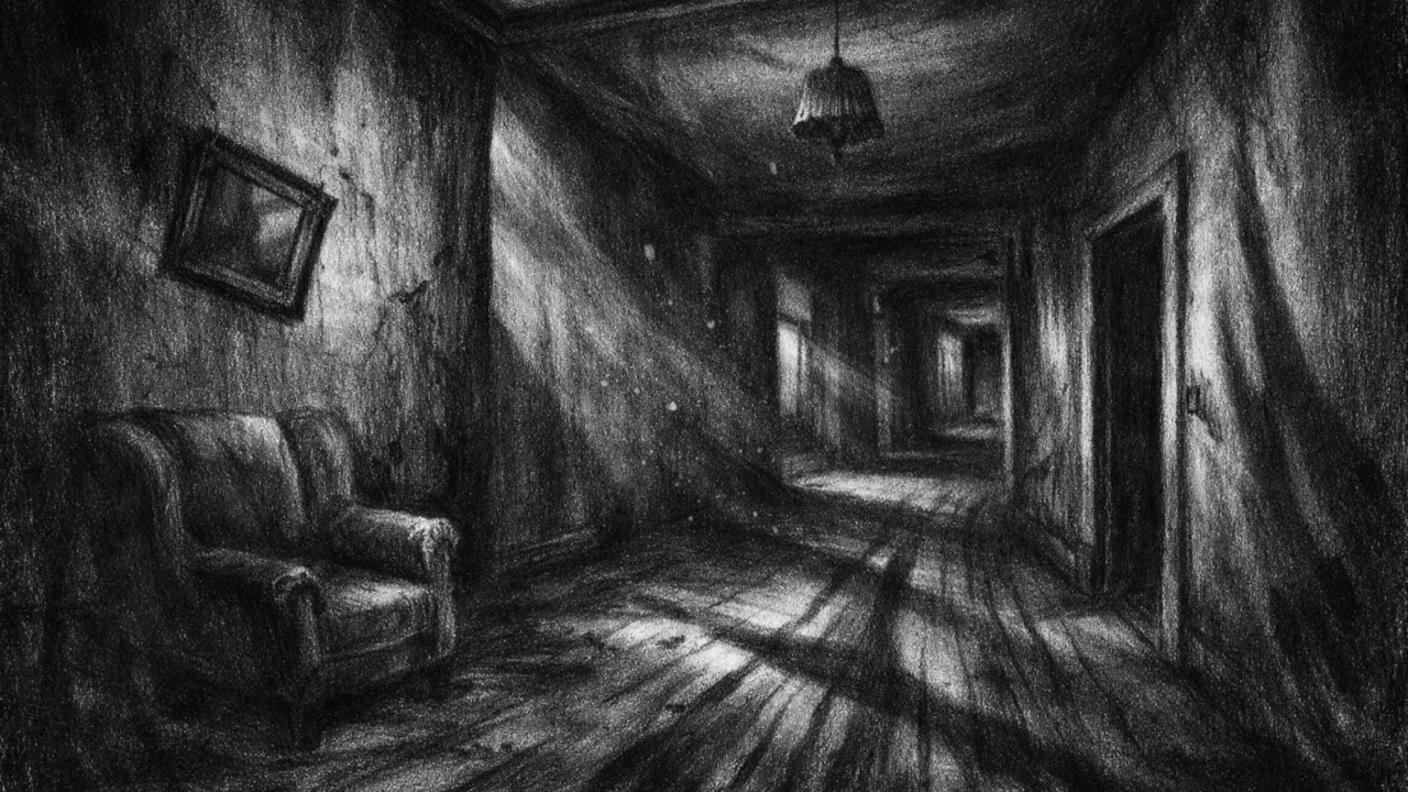 Napušteni interijer kuće s iskrivljenim hodnicima i dubokim sjenama, nadrealna atmosfera, charcoal film noir stil.