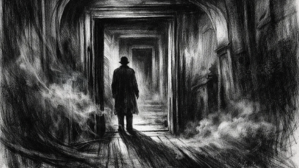 Filmski poster s usamljenom figurom u mračnom hodniku, snažne sjene i tjeskobna atmosfera, charcoal film noir stil.