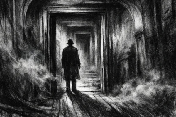 Filmski poster s usamljenom figurom u mračnom hodniku, snažne sjene i tjeskobna atmosfera, charcoal film noir stil.