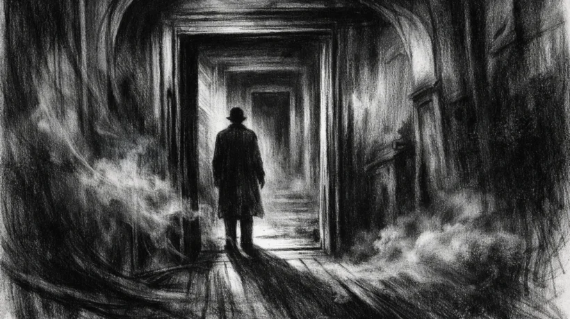 Filmski poster s usamljenom figurom u mračnom hodniku, snažne sjene i tjeskobna atmosfera, charcoal film noir stil.