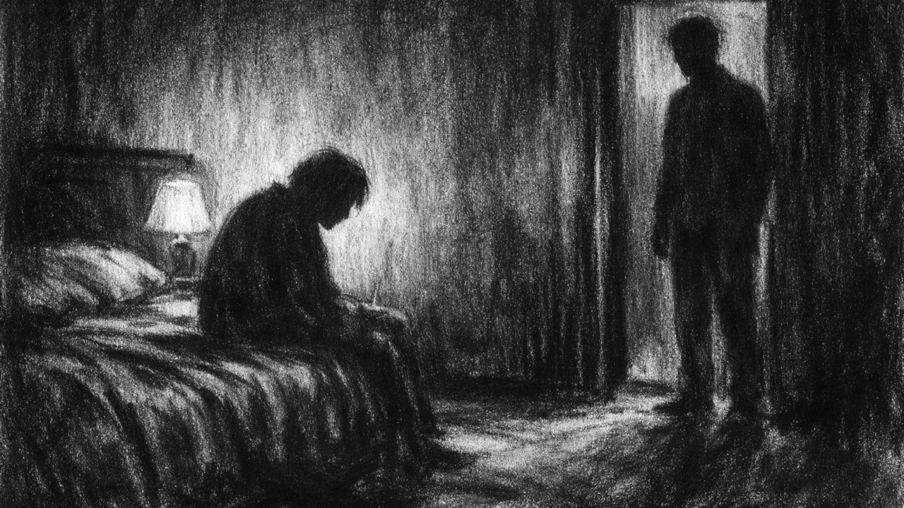 Intimna scena dvoje ljudi u mračnoj sobi, s naglašenim sjenama i napetošću, prikazana u charcoal film noir stilu.