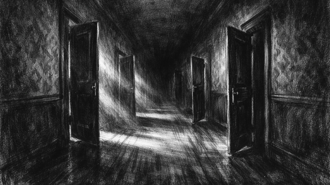 Mračan hodnik s vratima u sjeni, simboličan i nelagodan prostor nacrtan u charcoal film noir stilu, crno-bijeli kontrasti.