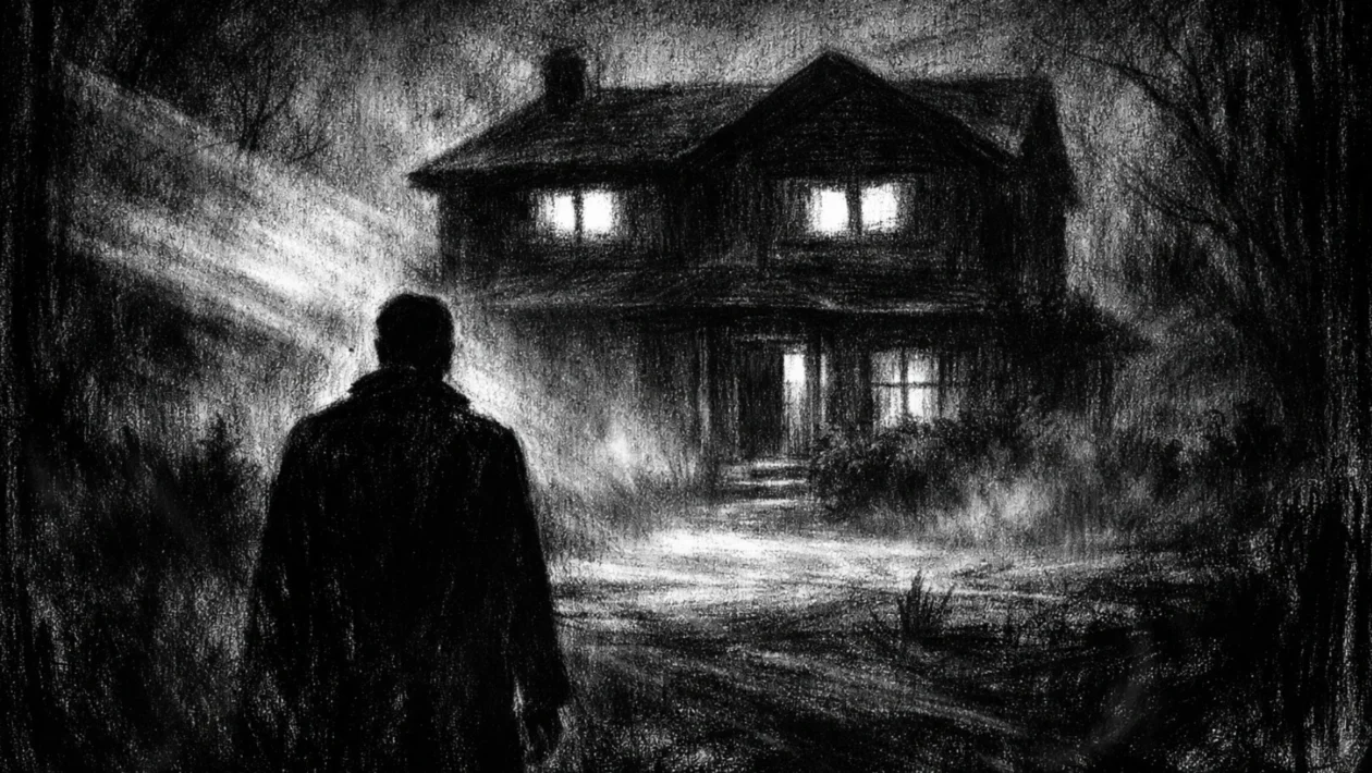 Filmski poster s tamnom kućom i samotnom figurom, izrađen u charcoal film noir stilu, crno-bijelo s dubokim sjenama i jezivom atmosferom.