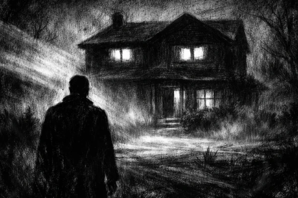 Filmski poster s tamnom kućom i samotnom figurom, izrađen u charcoal film noir stilu, crno-bijelo s dubokim sjenama i jezivom atmosferom.