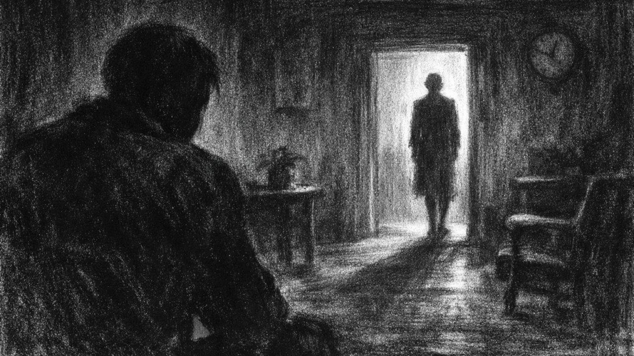 Emotivna scena dvoje ljudi razdvojenih prostorom i svjetlom, naglašena tuga i nada, charcoal film noir stil, crno-bijelo s jakim kontrastom.