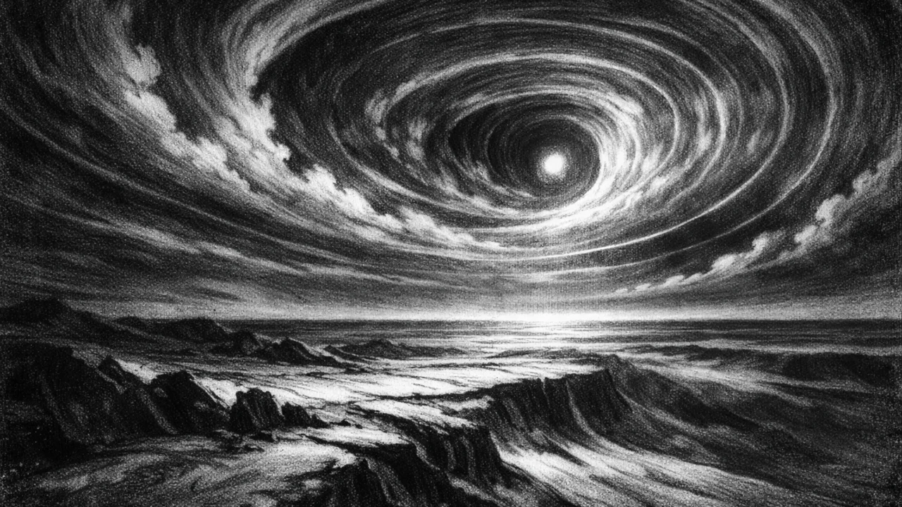 Atmosferski pejzaž s iskrivljenim nebom i apstraktnim oblicima koji simboliziraju vrijeme i gravitaciju, charcoal film noir stil, mračno i sugestivno.