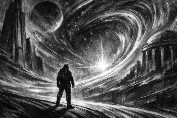 Hero poster s usamljenom figurom pred beskrajnim horizontom, kozmički motivi u crno-bijeloj paleti, charcoal film noir stil, duboke sjene i dramatično osvjetljenje.