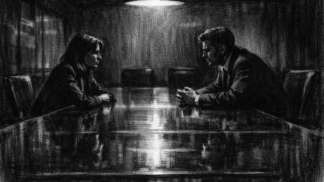 Dvoje ljudi u tihom razgovoru u mračnoj prostoriji, naglašene sjene i emocije, charcoal film noir stil, crno-bijeli kontrast i napet ugođaj.