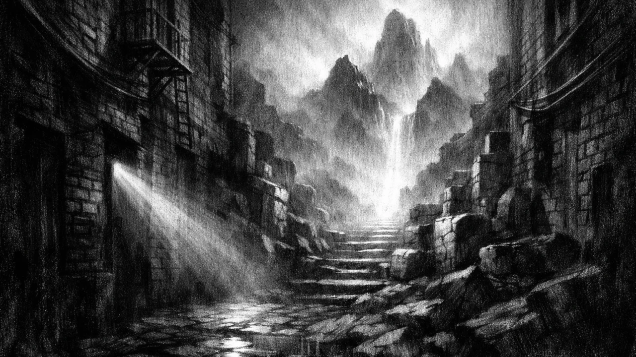 Simboličan prostor gdje se gradska ulica pretvara u magloviti krajolik, snažan kontrast svjetla i sjene, charcoal film noir stil, mistična crno-bijela atmosfera.