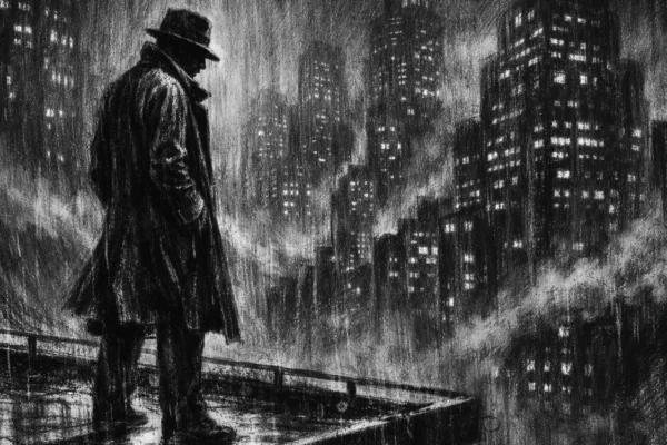 Usamljena figura na krovu grada u noći, snažne sjene i svjetlo, charcoal film noir stil, crno-bijela atmosfera puna napetosti i introspekcije.