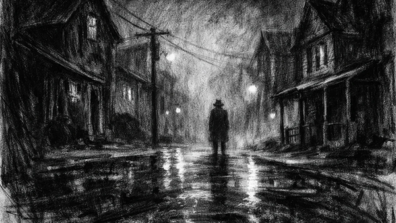 Cinematični poster s usamljenom figurom na maglovitoj ulici malog grada, crno-bijela atmosfera, duboke sjene i tjeskoba, charcoal film noir stil.