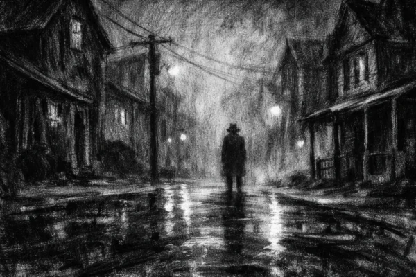 Cinematični poster s usamljenom figurom na maglovitoj ulici malog grada, crno-bijela atmosfera, duboke sjene i tjeskoba, charcoal film noir stil.