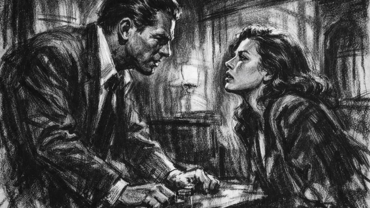 Dramska scena u charcoal film noir stilu