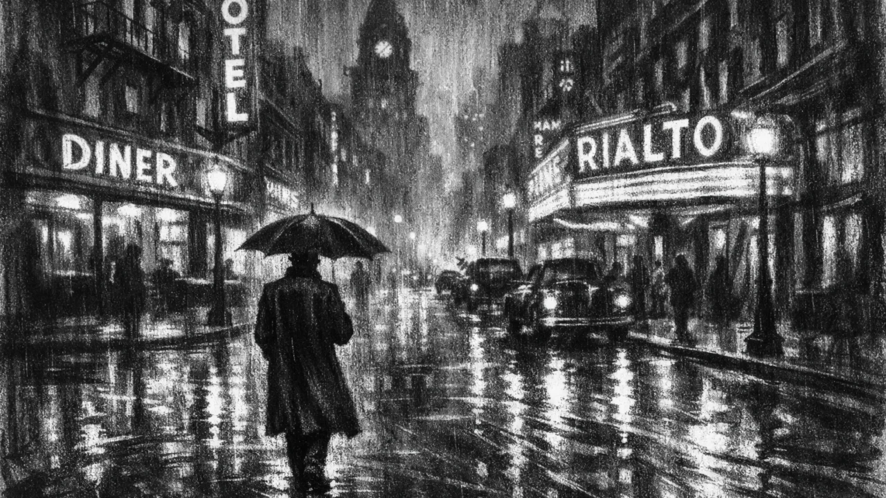 Atmosferska urbana ilustracija u charcoal film noir stilu