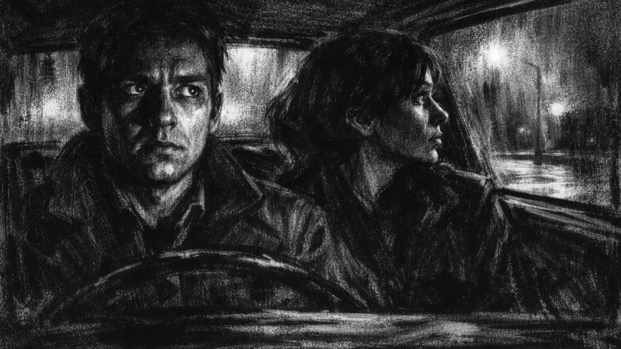 Intimna scena u automobilu s dvoje ljudi obavijenih sjenama, izražena tjeskoba u charcoal film noir stilu.
