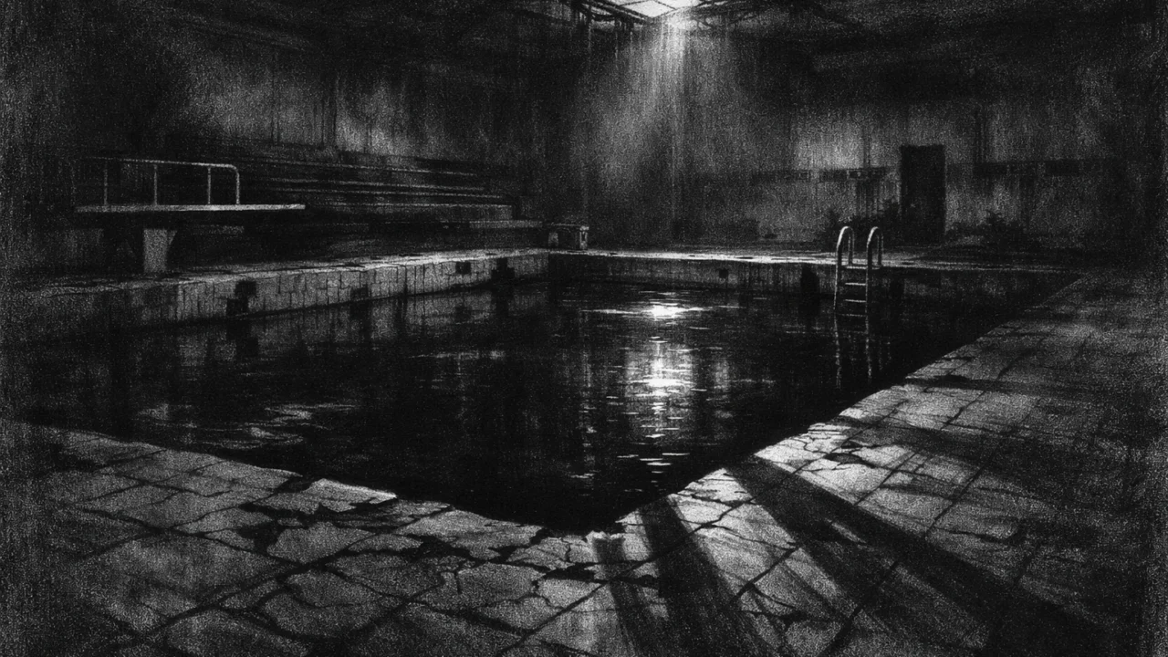 Napušteni bazen s mračnim odrazima i dugim sjenama, jeziva tišina prikazana u charcoal film noir stilu.