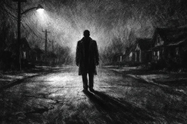 Filmski poster s usamljenom figurom na praznoj ulici, snažne sjene i tjeskobna atmosfera u charcoal film noir stilu.