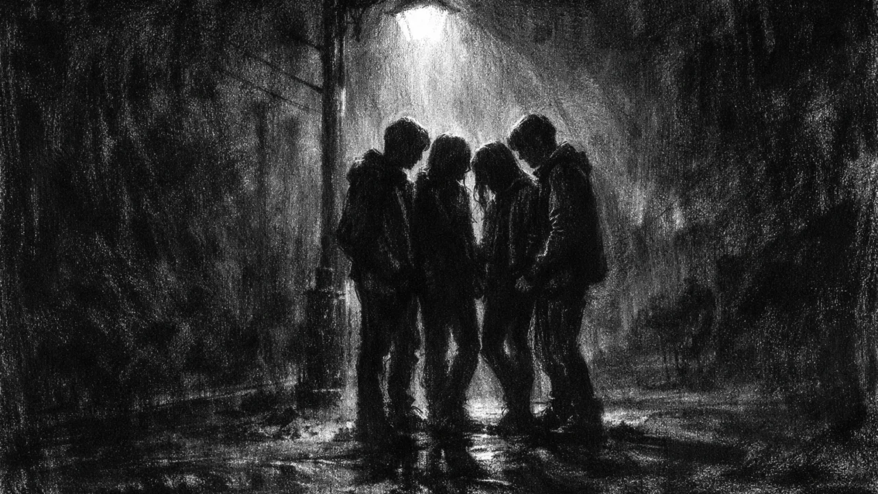 Skupina mladih silueta pod jednim svjetlom, osjećaj prijateljstva i straha, snažni kontrasti i tamna atmosfera, charcoal film noir stil.