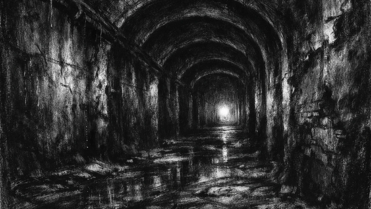 Sablasni podzemni prolaz s lukovima i dalekim svjetlom, simbol potisnutih strahova, crno-bijeli ugođaj, charcoal film noir stil.