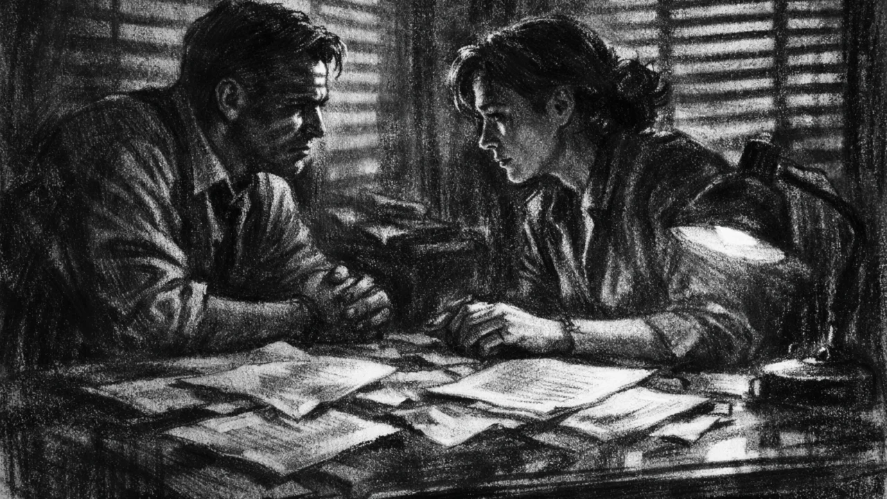 Intimna unutarnja scena u charcoal film noir stilu, dvoje ljudi u tihom razgovoru, snažne sjene i emocionalna napetost.