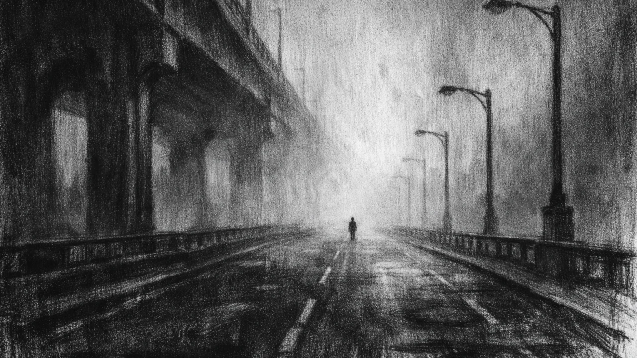 Atmosferski pejzaž u charcoal film noir stilu, magloviti most i usamljena silueta, snažan osjećaj neizvjesnosti i težine.
