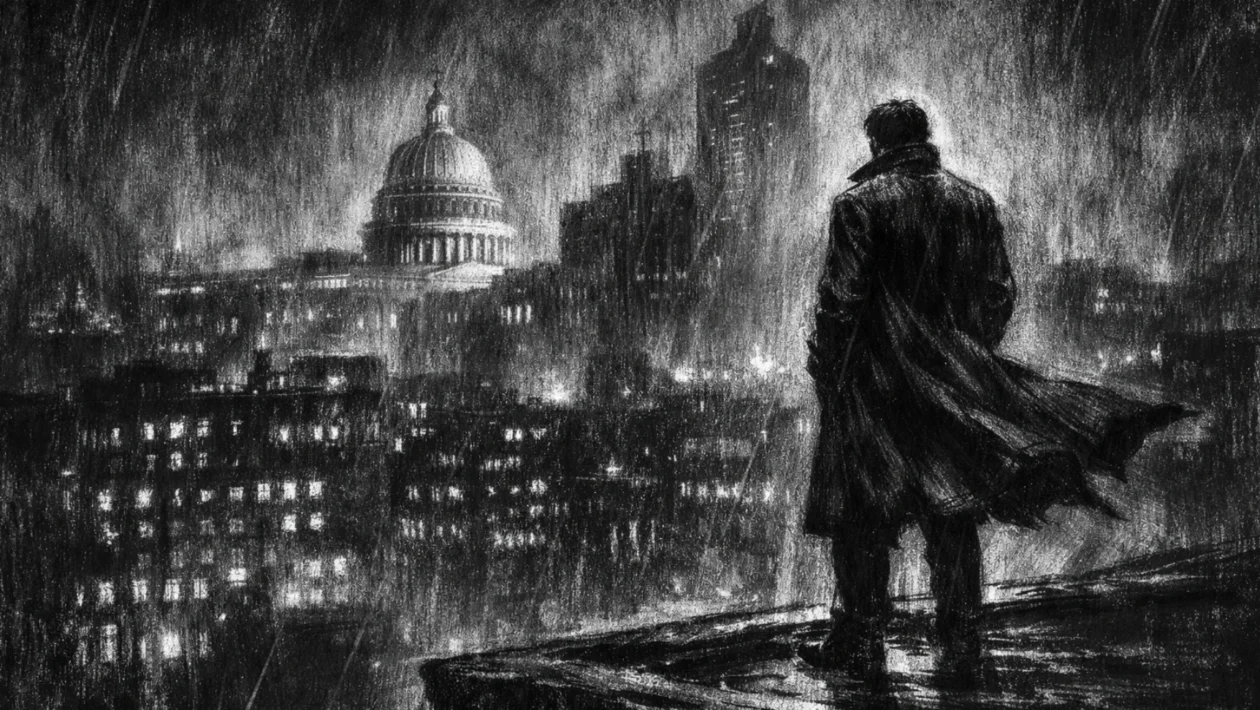 Filmski poster u charcoal film noir stilu, crno-bijela scena s usamljenom figurom iznad grada, duboke sjene i napeta atmosfera.