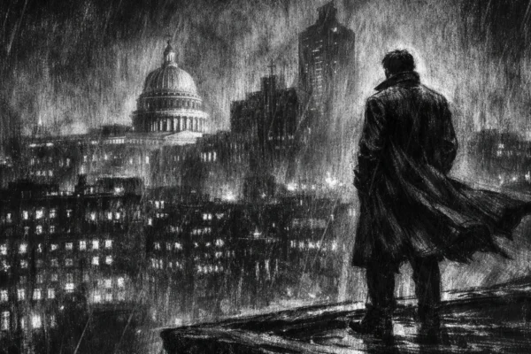 Filmski poster u charcoal film noir stilu, crno-bijela scena s usamljenom figurom iznad grada, duboke sjene i napeta atmosfera.