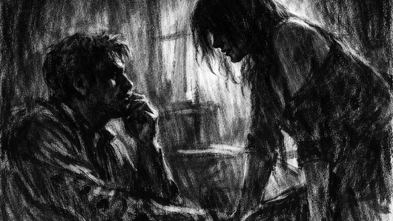 Intimna scena razgovora u charcoal film noir stilu, crno-bijela, s naglašenim sjenama i emocionalnom napetošću.