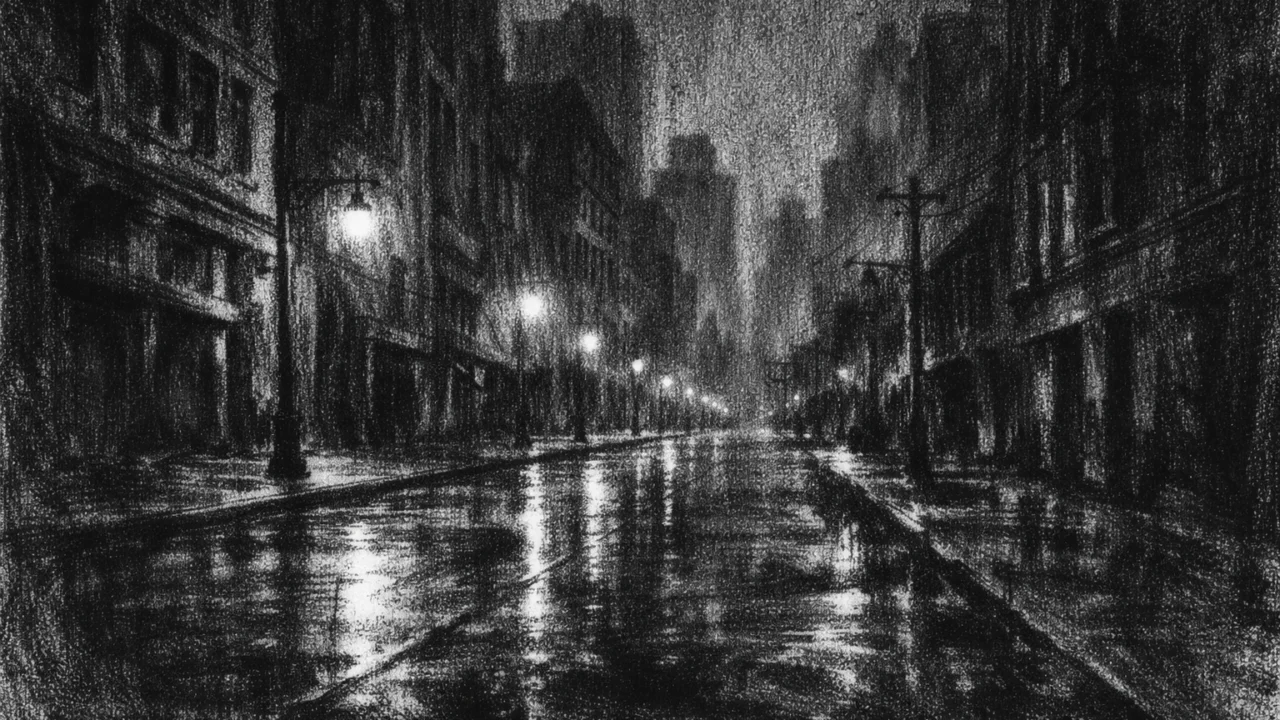 Noćni gradski ambijent u charcoal film noir stilu, crno-bijeli prikaz prazne ulice s dubokim sjenama i melankoličnim ugođajem.