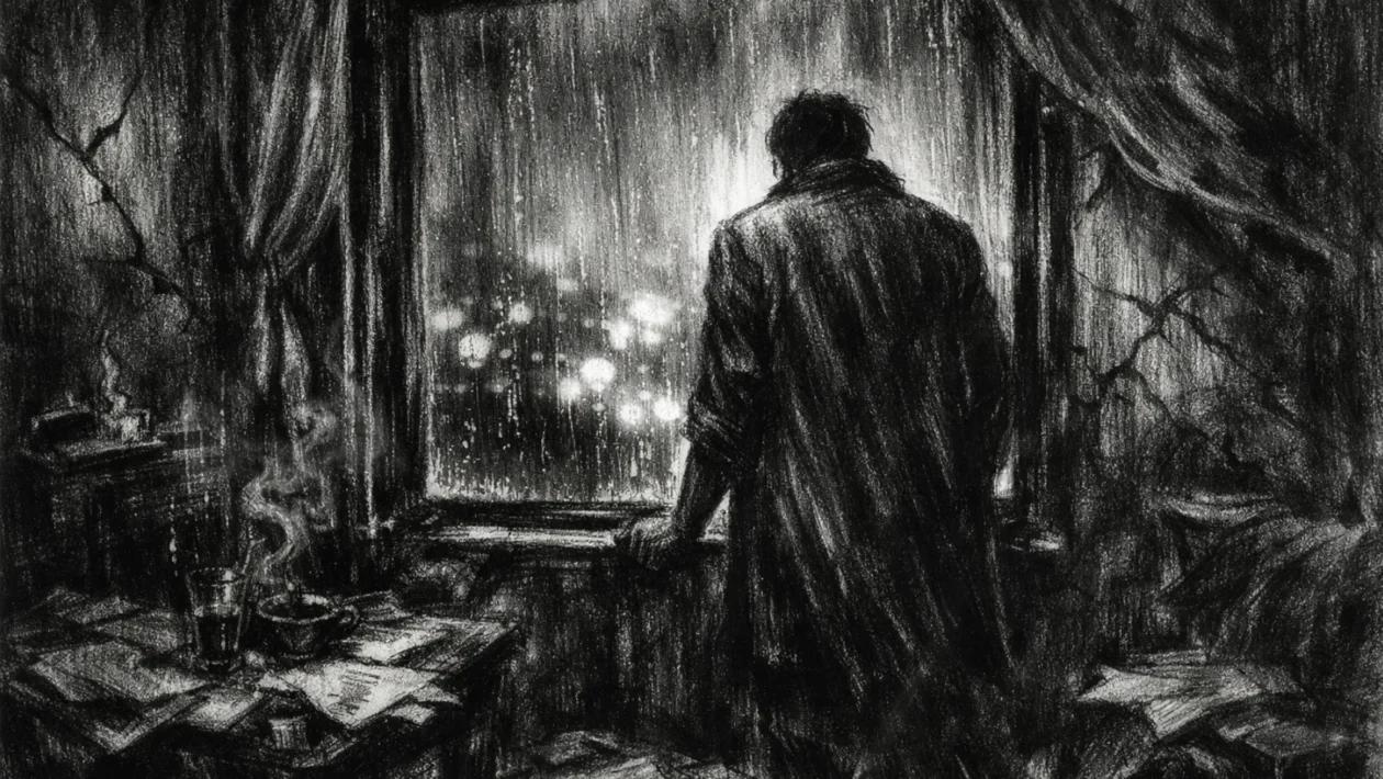 Filmski poster u charcoal film noir stilu, crno-bijeli prikaz usamljene figure uz prozor, duboke sjene i turobna atmosfera.
