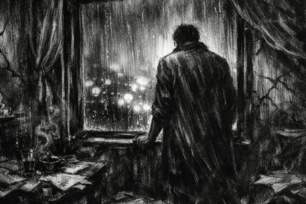 Filmski poster u charcoal film noir stilu, crno-bijeli prikaz usamljene figure uz prozor, duboke sjene i turobna atmosfera.