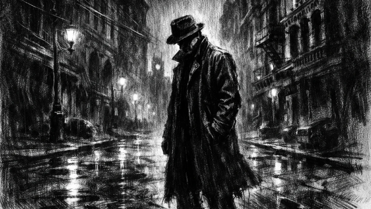 Hero scena u charcoal film noir stilu, crno-bijeli prikaz usamljene figure u mračnoj urbanoj ulici, s dubokim sjenama i teškom atmosferom.