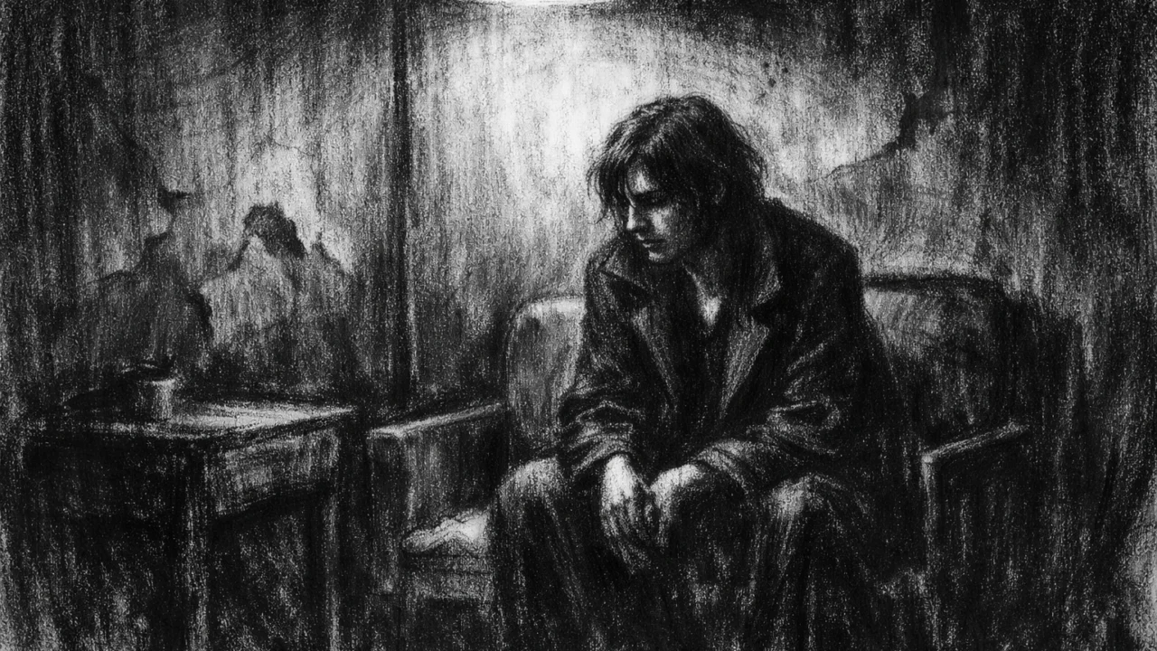 Intimna scena u charcoal film noir stilu, crno-bijeli interijer s jednom osobom obasjanom oštrim svjetlom i naglašenim emocionalnim nabojem.