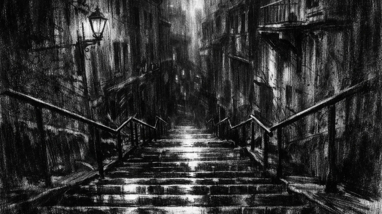 Atmosferski urbani prostor u charcoal film noir stilu, crno-bijele stepenice između zgrada s dubokim sjenama i osjećajem tjeskobne samoće.