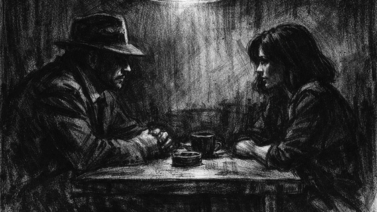 Intimna scena razgovora u charcoal film noir stilu, crno-bijela kompozicija s jakim kontrastom, dubokim sjenama i napetom, tihom emocijom.