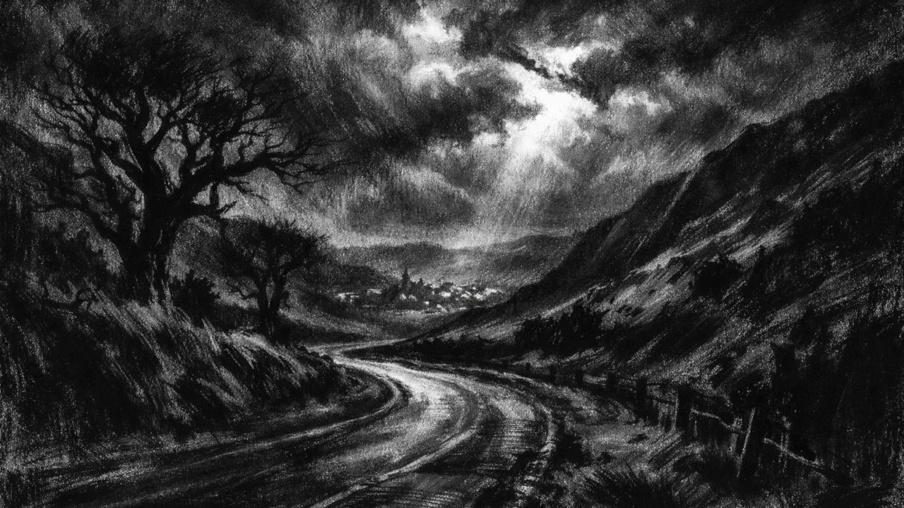 Atmosferski pejzaž u charcoal film noir stilu, crno-bijeli prizor ceste kroz brdoviti krajolik s dubokim sjenama i melankoličnim ugođajem.