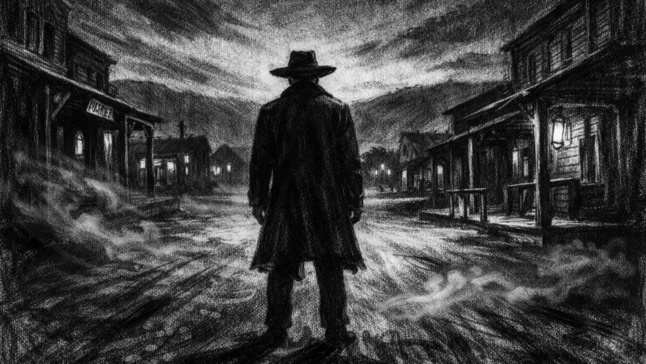Cinematični poster u charcoal film noir stilu, crno-bijeli prikaz usamljene figure u tihom ruralnom gradiću, s dubokim sjenama i melankoličnom atmosferom.
